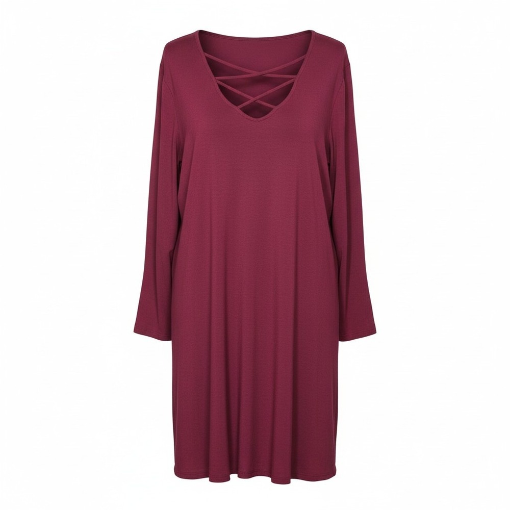 Maurices 24/7 Burgundy Lattice V-Neck Long Sleeve T-Shirt Dress Size 1 Plus